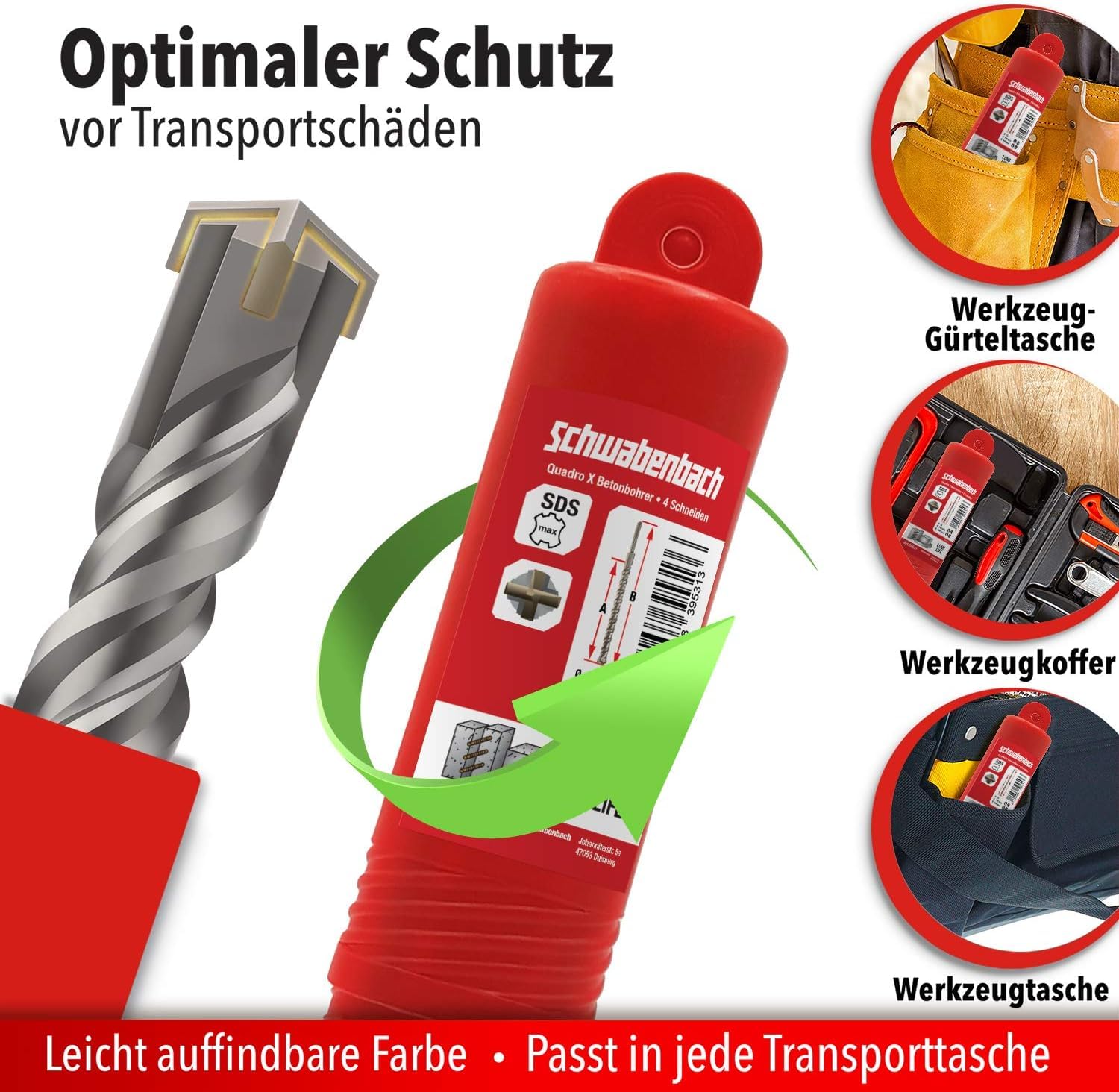 SCHWABENBACH ® SDS Max Broca 25 mm x 1200. Broca SDS de 25 mm. Perforación precisa y rápida en hormigón. Broca de hormigón con punta de carburo de tungsteno, broca para piedra larga