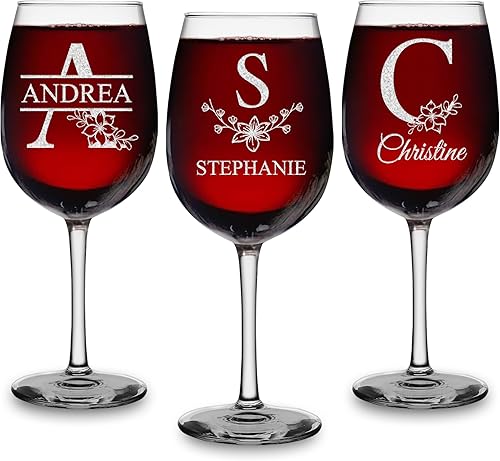 shop4ever Monograma floral personalizado con inicial con nombre grabado copa de vino con tallo grabado regalo para mujeres y hombres en cumpleaños y