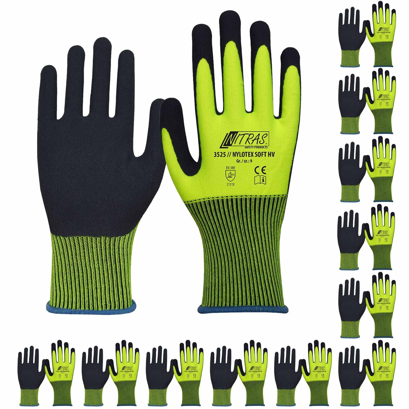 Nitras Nylotex Soft HV 3525 12 pares - Guantes de jardinería de construcción, color señal, suave, antideslizante, látex, talla: 12