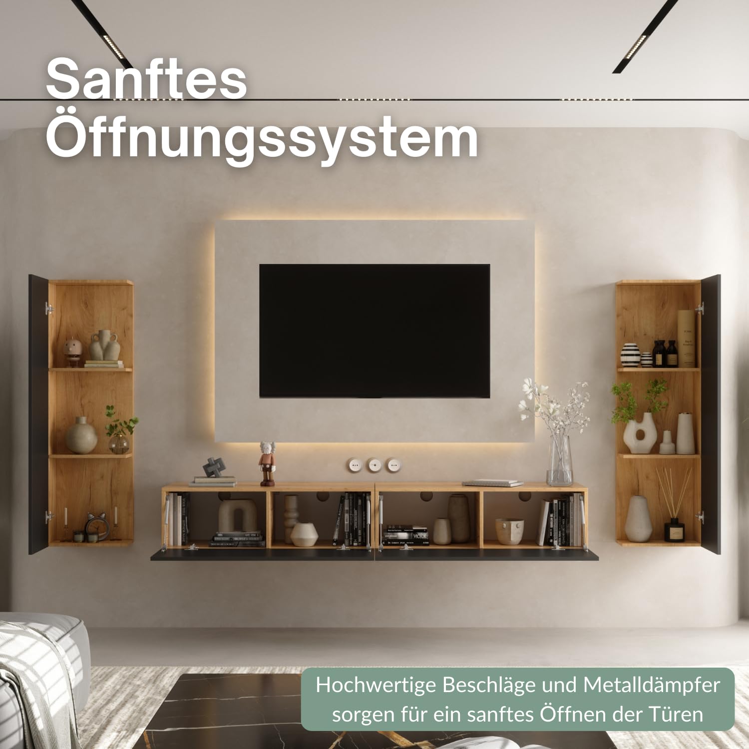 Planetmöbel TV Wohnwand Wohnzimmer 2X 100 cm Gold Eiche/Anthrazit, mit 2X 40cm Seitenschränken Gold Eiche/Anthrazit