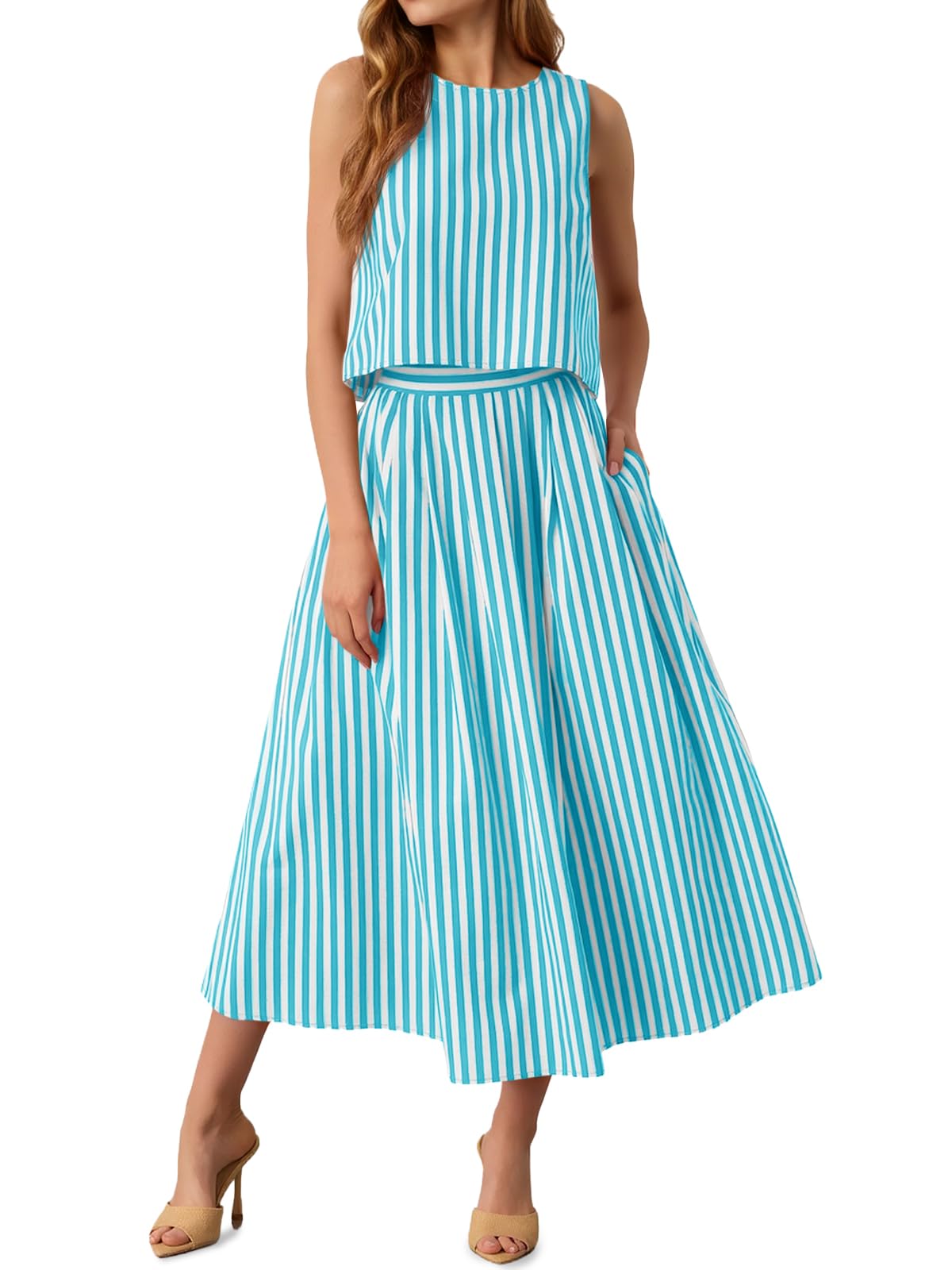 Tankaneo Womens 2 Piece Skirt Sets Summer Striped Tank Tops Midi Dress 2026