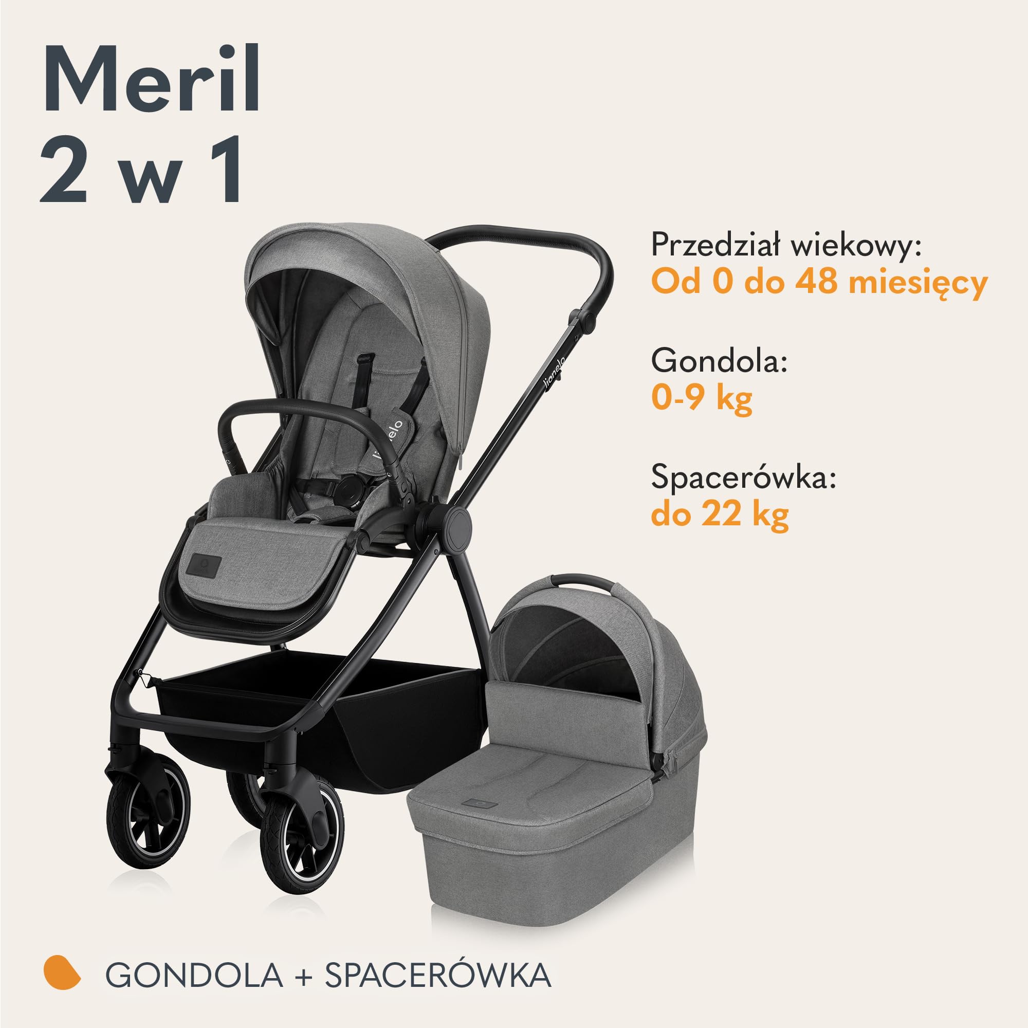LIONELO MERIL 2 in 1 Wózek Spacerowy Dziecięcy 0-48 Miesięcy Do 22 Kg, Gondola XXL Do 9 Kg, Duże Koła Terenowe 360°, Regulacja Oparcia do Pozycji Leżącej Pełna Amortyzacja Budka XXL (Szary)
