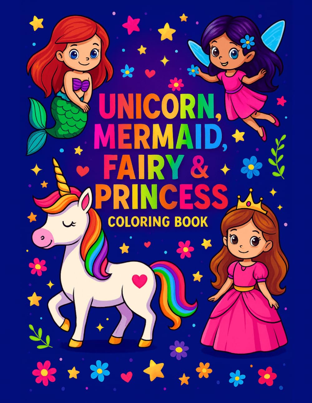 Unicorn, Mermaid, Fairy & Princess Coloring Book: Cute and Fun Designs for Kids Ages 4-8 Who Love Magic and Fairytales