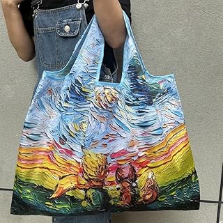 1pcs Large Capacity Tote Bag, Lightweight Foldable Oil Painting Style Shopping Bag, Hand-Washable Reusable Gym Bag