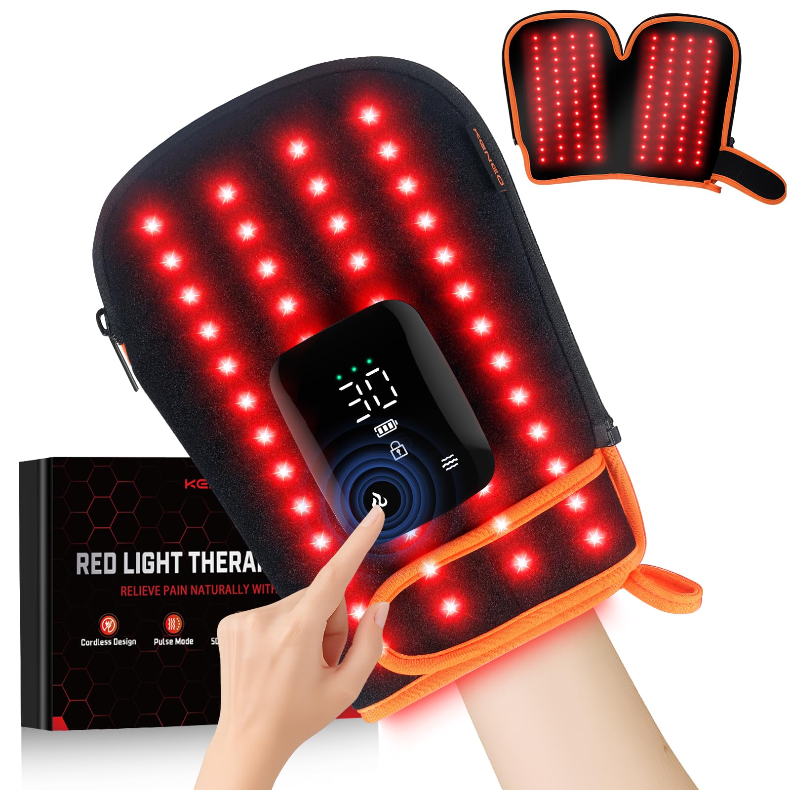 Keneo Rotlichttherapie-Handschuhe für Hände, 100LEDs Rot & Nahinfrarot, Dual-Wellenlänge 660 nm & 850 nm, 5 Modi, kabellos, wiederaufladbarer 5000-mAh-Akku, für Hand- und Handgelenkbehandlung (Orange)