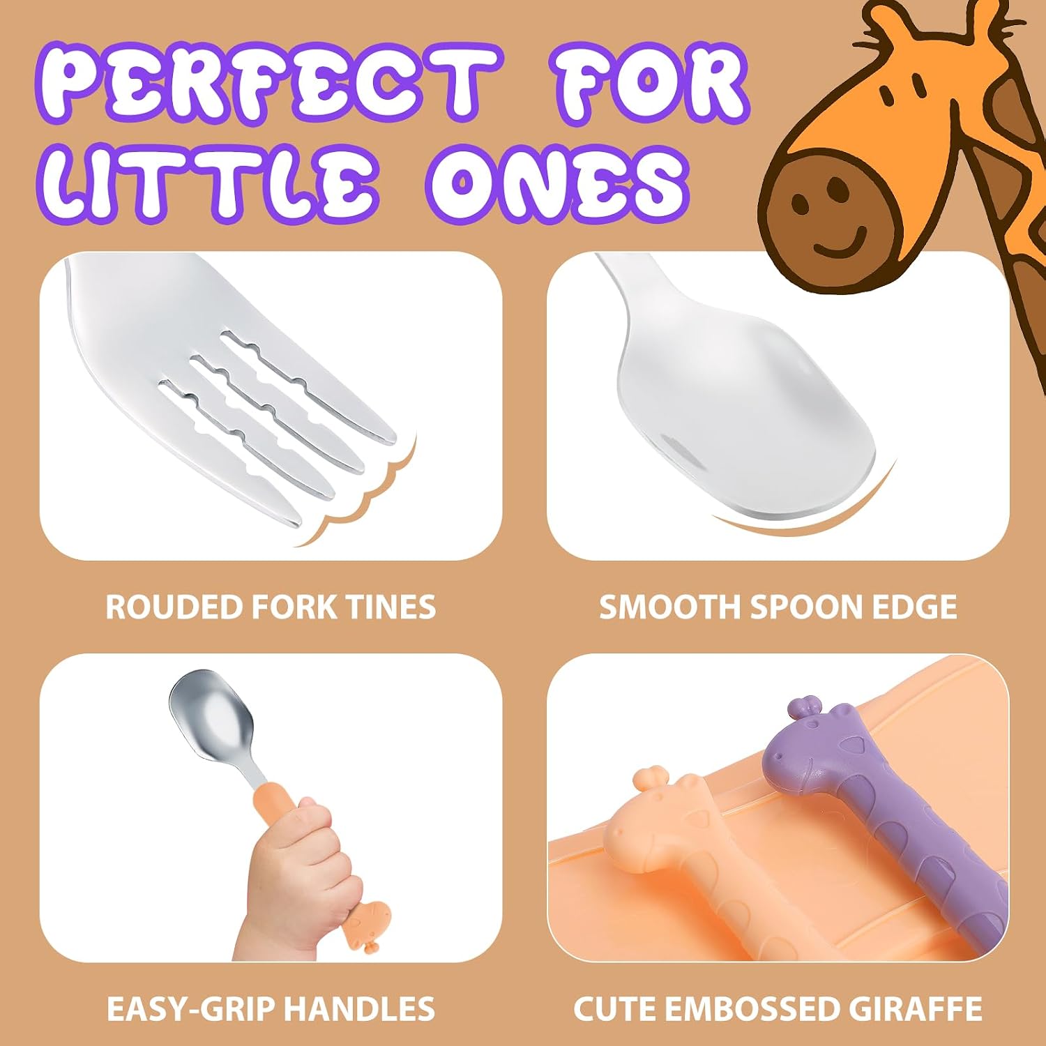 lohodo Toddler Utensils Kids Spoon and Fork Set 18/8 Stainless Steel Silverware BPA Free Pink & Purple Cute Giraffe Child Flatware with Travel Case for Age 3+