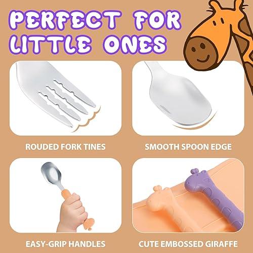 Miniatura 9 de Juego de cuchara y tenedor de acero inoxidable 188 sin BPA lindo jirafa infantil cubiertos con funda de viaje para niños mayores de 3 años