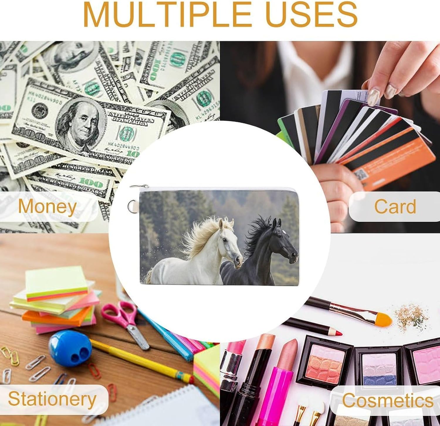 Black And White Horses Running Coin Purse Coin Pouch with Zipper for Men Women Portable Change Wallet Canvas Coin Bag