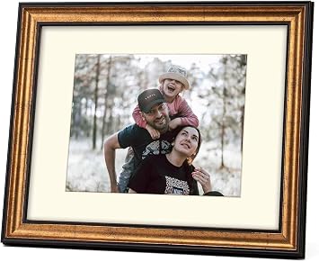 DUCIHBA 11x14 Antique Gold with Dark Brown Border Trim Wood Ornate Vintage Classic Picture Frame, With Mat 8x10 inches, Real Glass Protection