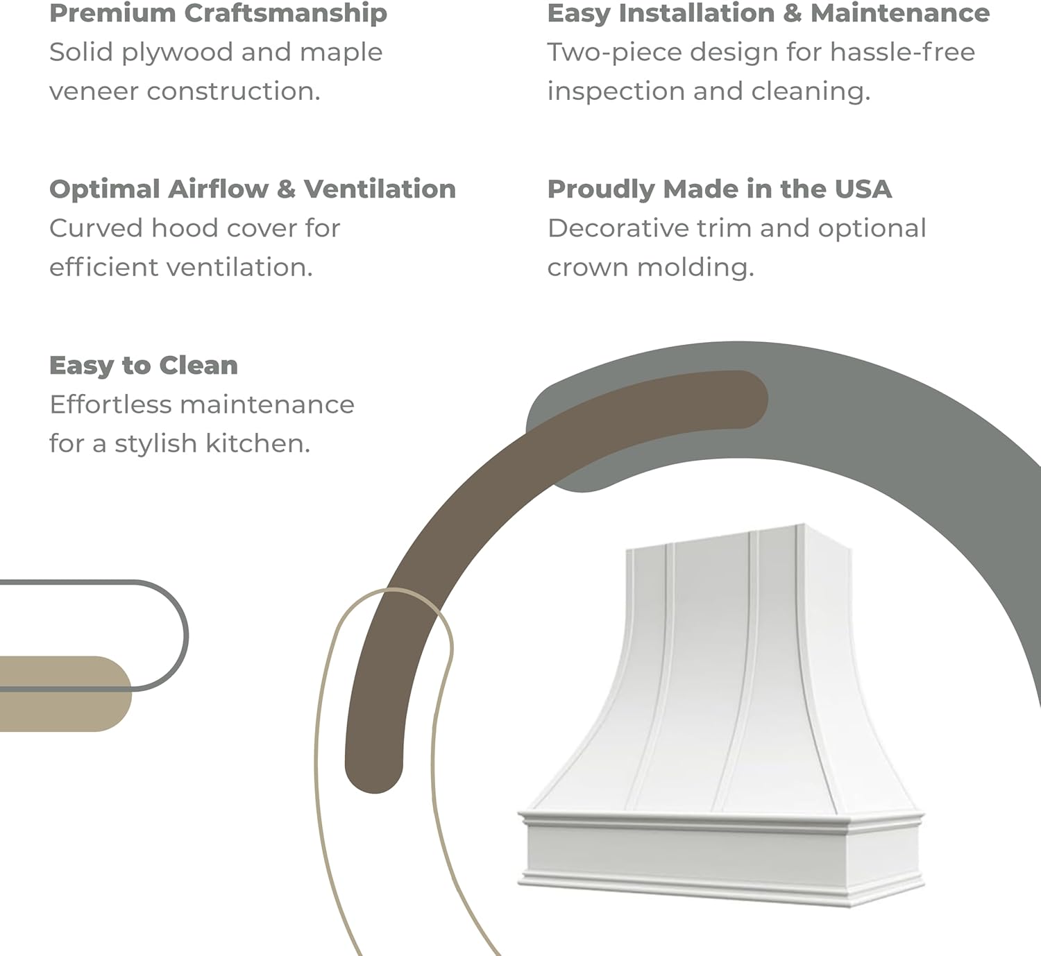 Riley & Higgs White Wood Kitchen Range Hood Cover, Curved Front Wall Mount Vent Hood, Decorative Strapping & Classic Trim, Plywood with Maple, 31.5” W x 36” H