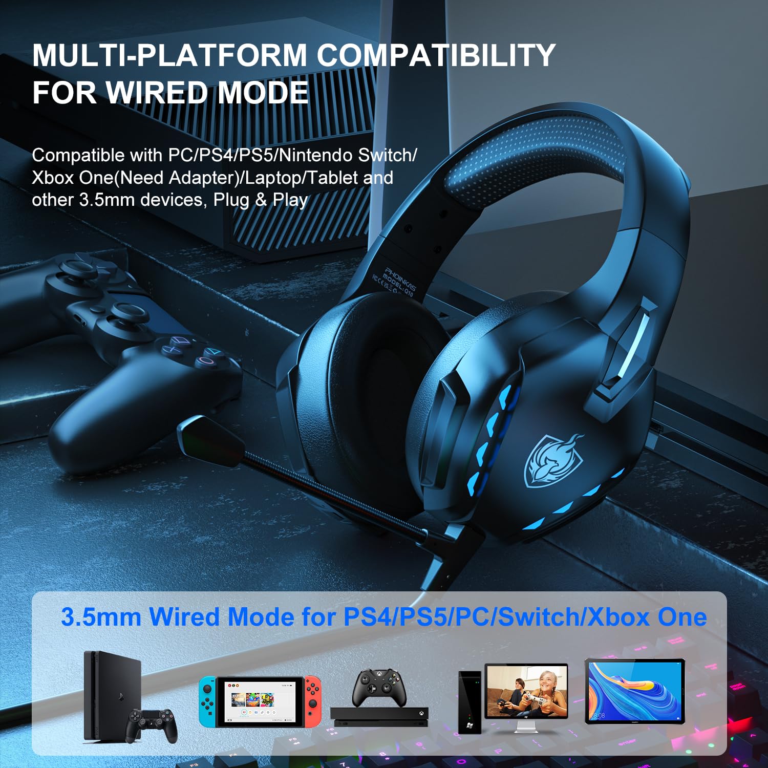 PHOINIKAS Gaming-Headset mit Abnehmbarem Mikrofon mit Geräuschunterdrückung, Bluetooth nur für Mobiltelefone, 3,5-mm-Audiokabel für PS4/PS5/Xbox One/PC/Switch, 40 Stunden Akkulaufzeit, LED-Licht