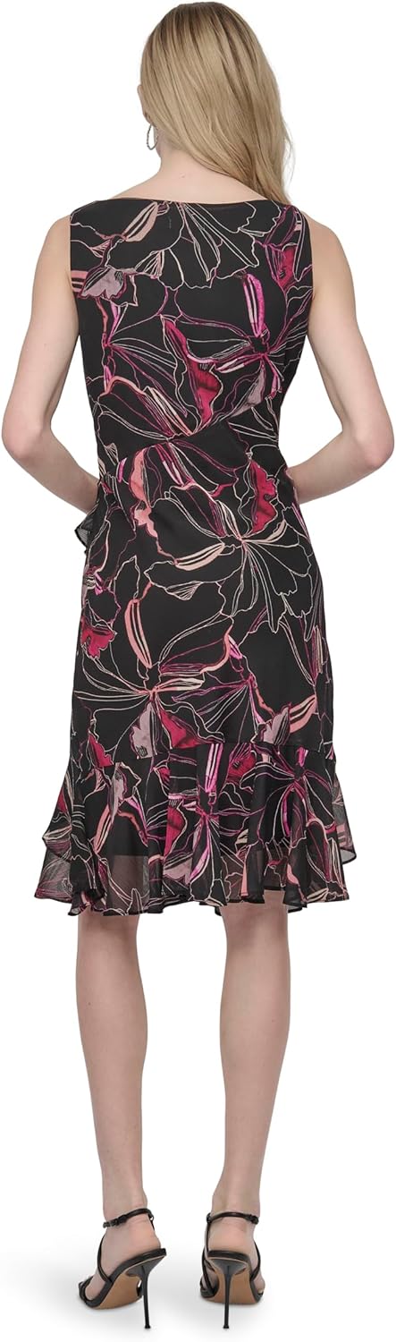 DKNY Women's Sleeveless Jewel Neck Ruffle Hem Knee Length Midi Dress