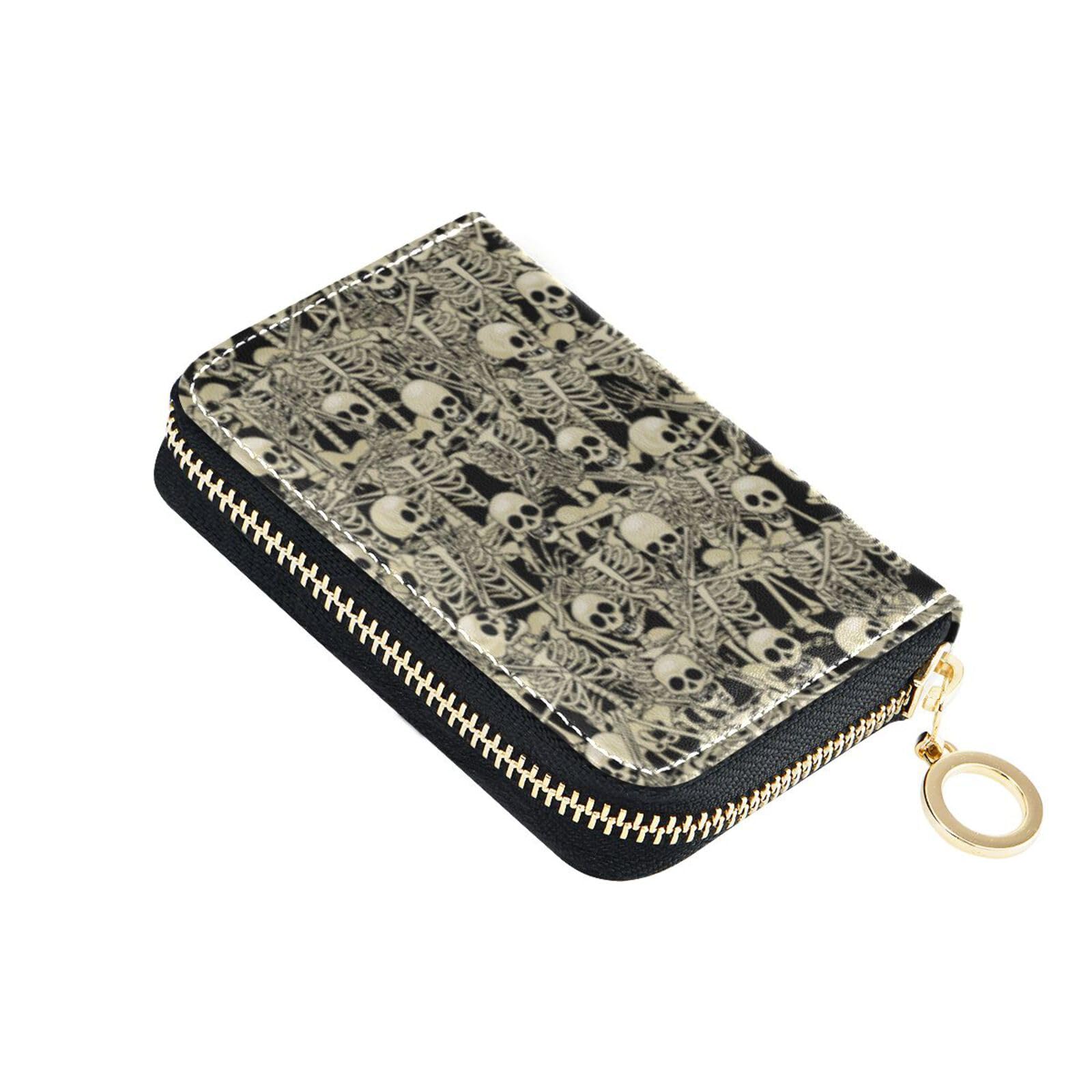 Sletend RFID Credit Card Holder Fun Skull Leather With Zipper Card Case Wallet for Women Girls