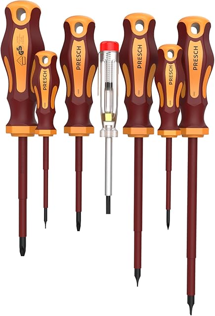 Presch VDE Screwdriver Sets 7 pcs - Magnetic Electrician Screwdriver Set 1000V, Insulated, with Voltage Tester for Electric