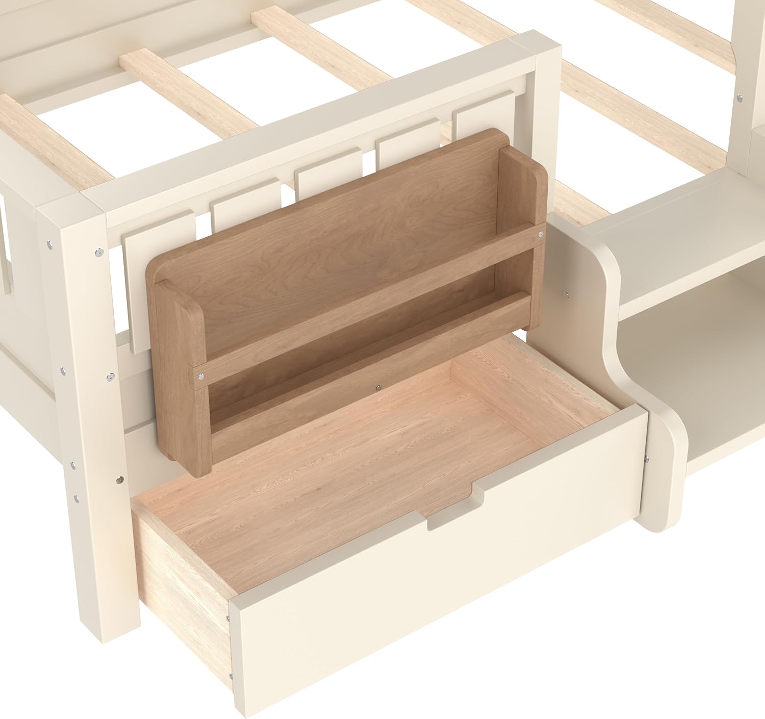 Bellemave Twin Bed with Slats and Stairs, Twin Size Platform Bed Frame with Fence, Bookshelf and Storage Drawers, Easy Assemble Beds for Kids, Girls, Boys, Beige
