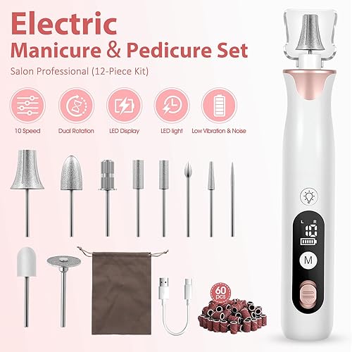Miniatura 2 de Kit profesional de manicura y pedicura, lima de uñas eléctrica de 10 velocidades para el cuidado de las manos y los pies, pulidor de uñas