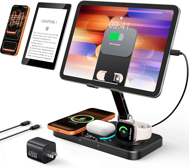 45W 6 in 1 Charging Station for Apple Multiple Devices with Clock & Light, 20W Fast Foldable Wired Charging Stand for iPad/Tab, Wireless Charger Design for MagSafe Charger for iPhone 17/iWatch/Airpods