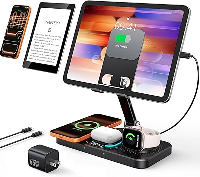 45W 6 in 1 Charging Station for Apple Multiple Devices with Clock & Light, 20W Fast Foldable Wired Charging Stand for iPad/Tab, Wireless Charger Design for MagSafe Charger for iPhone 17/iWatch/Airpods