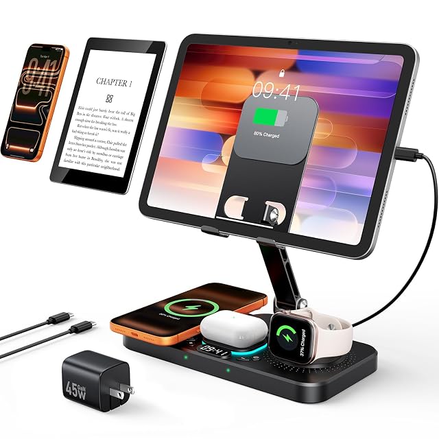 45W 6 in 1 Charging Station for Apple Multiple Devices with Clock Light 20W Fast Foldable Wired Charging
