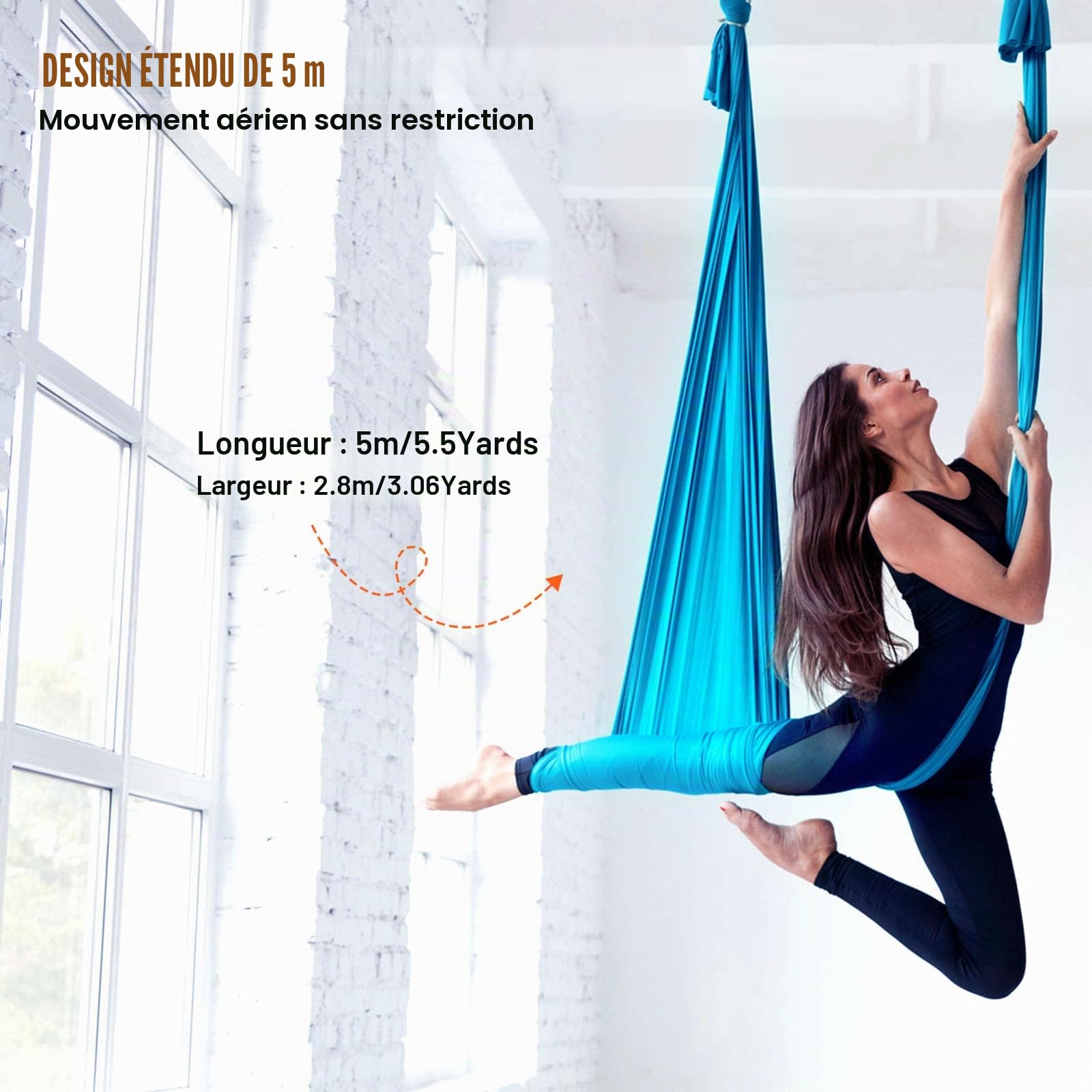 VEVOR Hamac de Yoga Aérien 5x2,8 m Kit Balançoire de Yoga Inversion Danse Aérienne en Nylon 100 g/m² Charge 1000 kg Vol Anti-gravité d'Air pour Fitness Musculation Pilates Gym Maison Studio Bleu