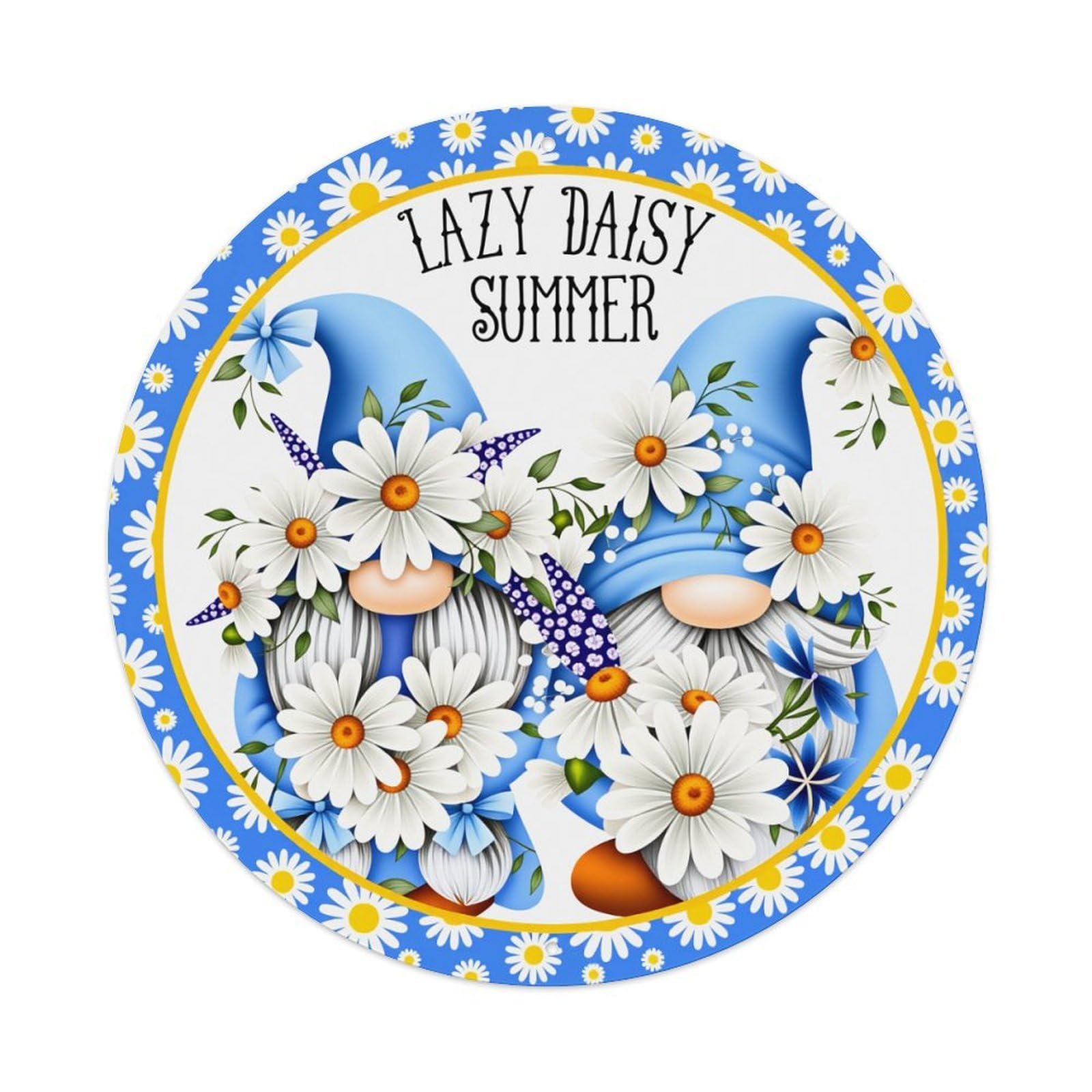 Lazy Daisy Summer Gnomes Flowers Round Tin Sign Vintage Metal Poster Retro Bar, Home, Man Cave, Kitchen, Laundry Room Wall Art Decor Gift 8x8In