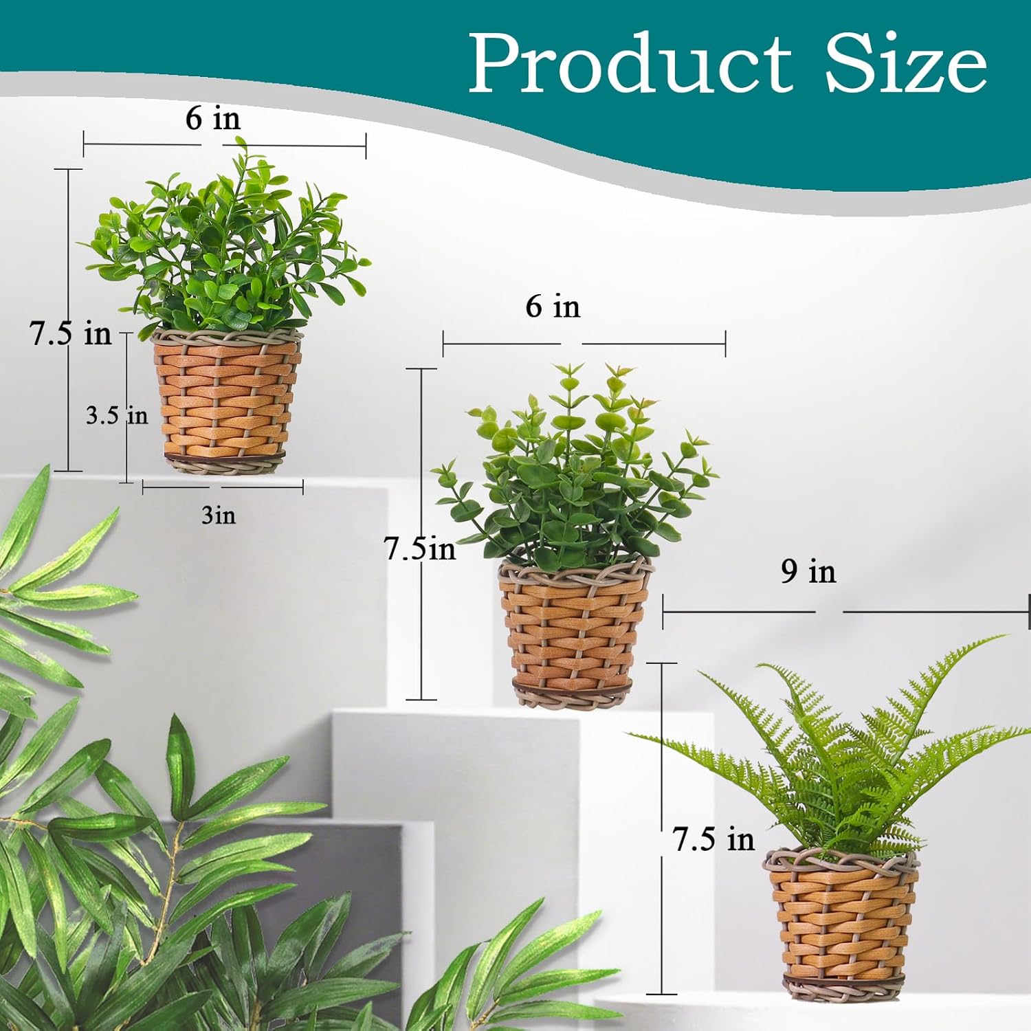Small Fake Plants, 3 Pack Mini Potted Artificial Fern, Eucalyptus, Aglaia Odorata Plant in Rattan Pots, for Farmhouse, Home Decor, Office, Bathroom, Desk, Indoor & Outdoor - Image 3