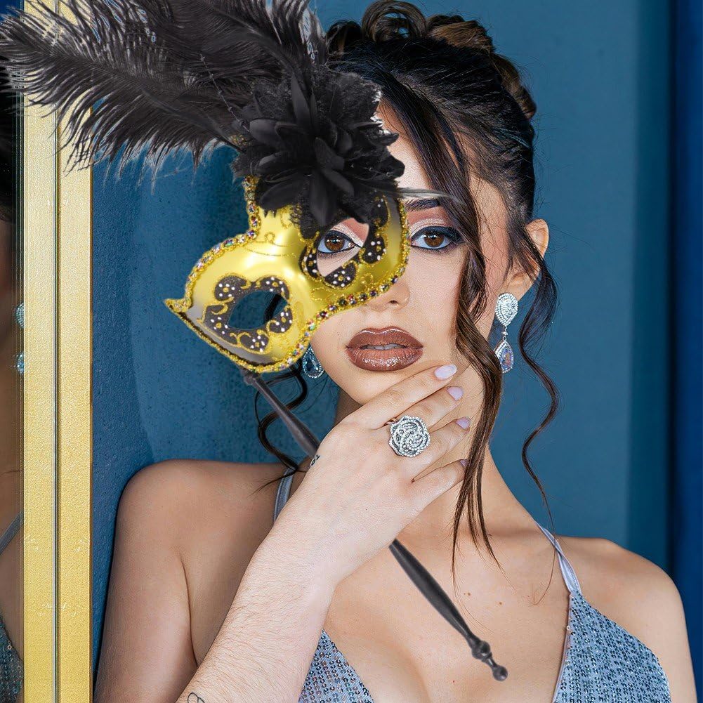 Venezianische Maskerade-Maske Mit Stab – Gold/schwarz, 32x18 Cm, Für Karneval, Halloween & Partys