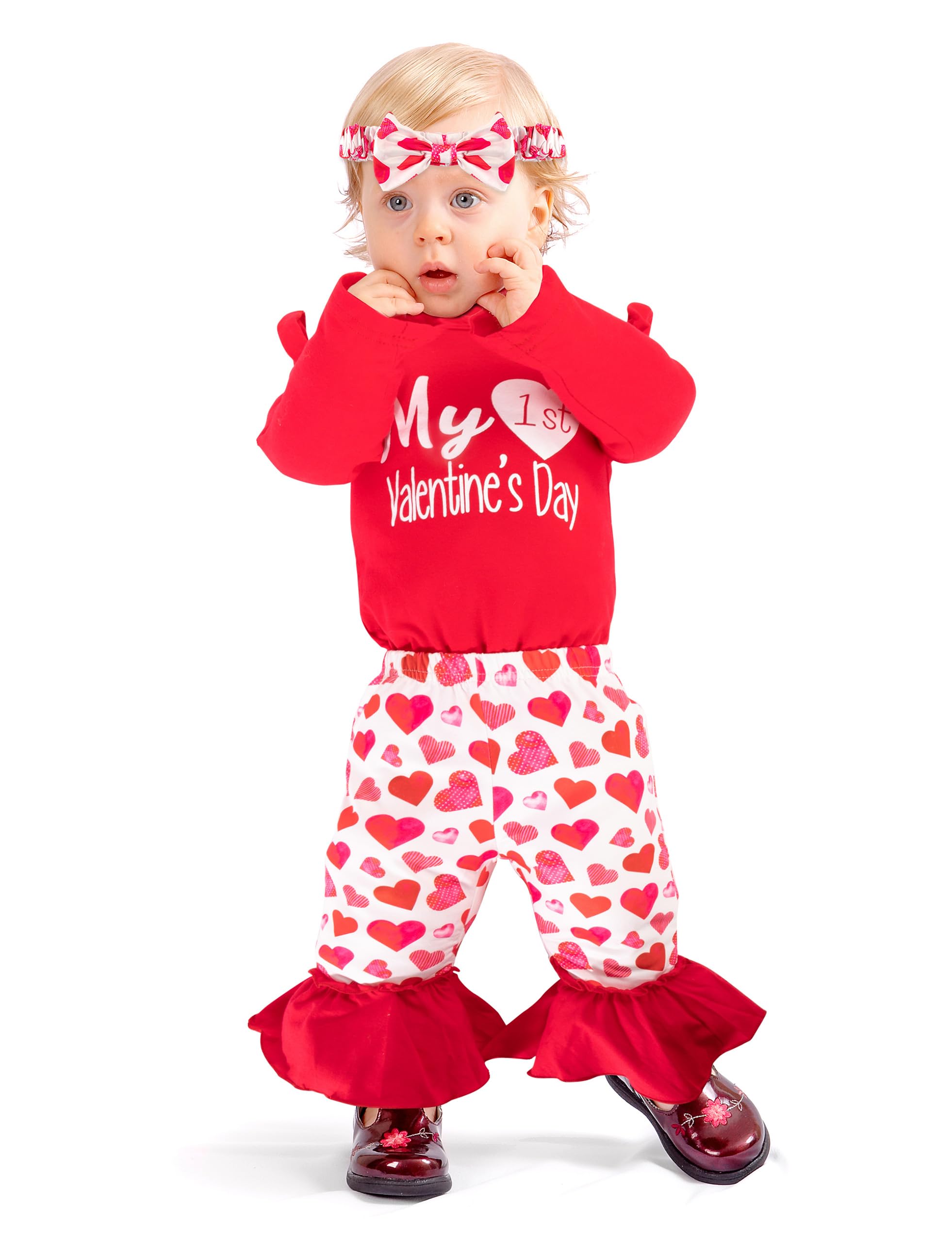 DAKEIK Baby Girl Valentines Day Outfit 9-12 Months My First Valentines Day Baby Girl Outfit Red Ruffle Long Sleeve Bodysuit Love Pattern Bell Pants Turban 3piece Set