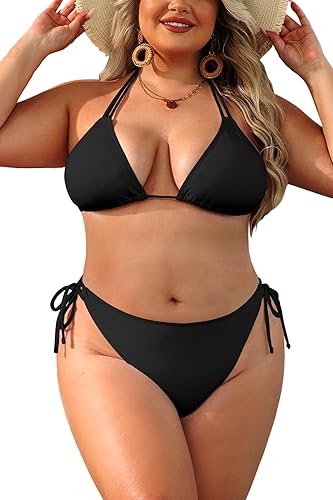Daci Women Plus Size Triangle Bikini Sets Two Piece Double Straps Halter Swimsuit Side Tie String Sexy Bathing Suits - Large - Black
