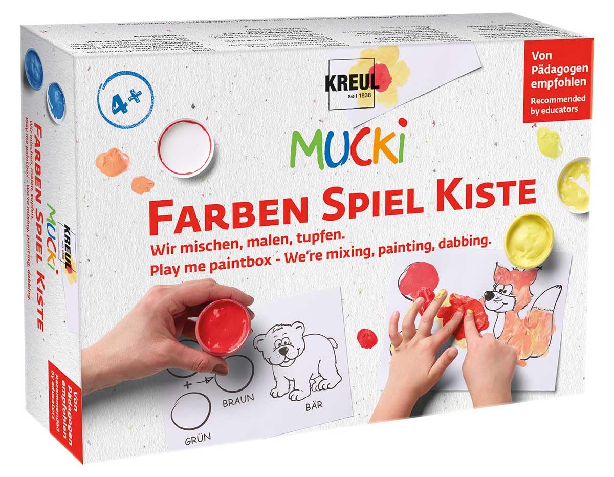 KREUL 29100 - Mucki Wir mischen, malen, tupfen Juego de pintura de dedos con 5 botes de pintura de 50 ml, 2 botes de mezcla y 10 plantillas de dibujo Juego de aprendizaje