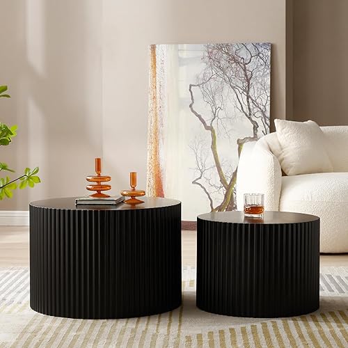 Moderna mesa auxiliar anidable, mesa auxiliar redonda de madera, juego de 2 para espacios pequeños, sala de estar, color negro