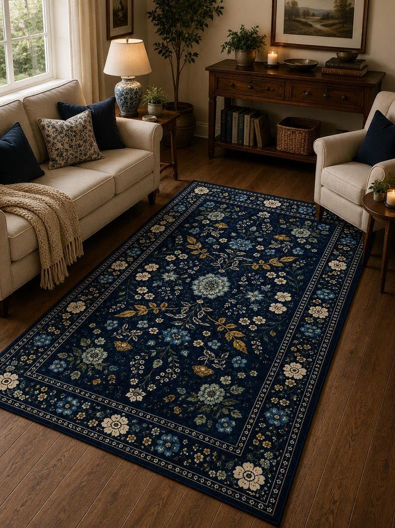 Tapis de salon vintage bleu marine pour créer une ambiance chaleureuse