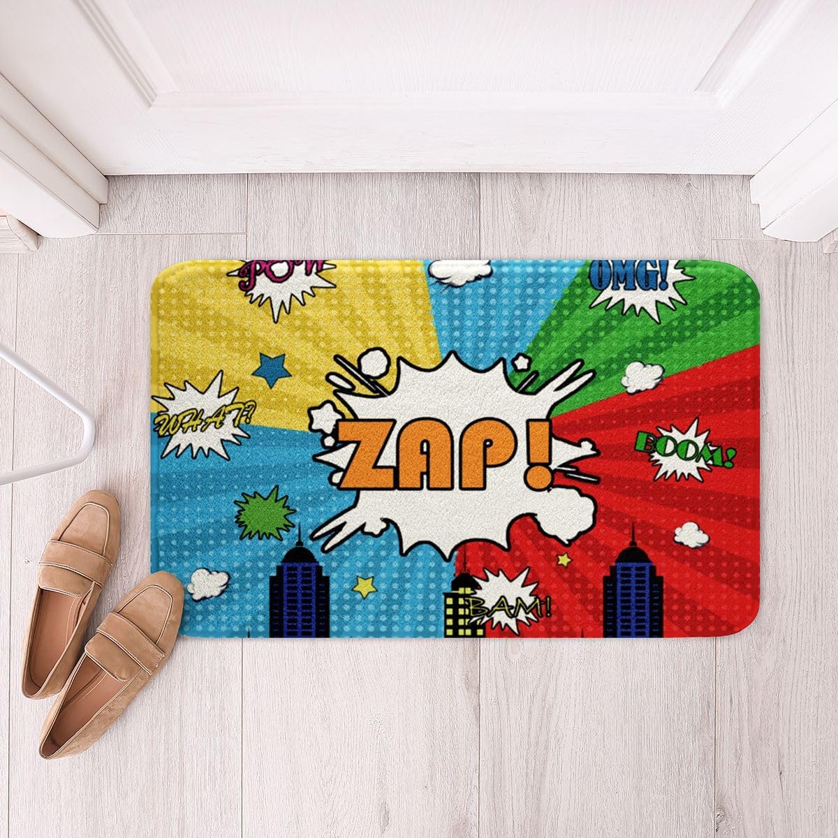 Castle Fairy Modern City Bathroom Rugs,Cartoon Urban Building Non Slip Bath Mat Hero Theme Bathroom Indoor Floor Mats,Anime Style Shaggy Absorbent Bathtub Decor Rug,16"x24"