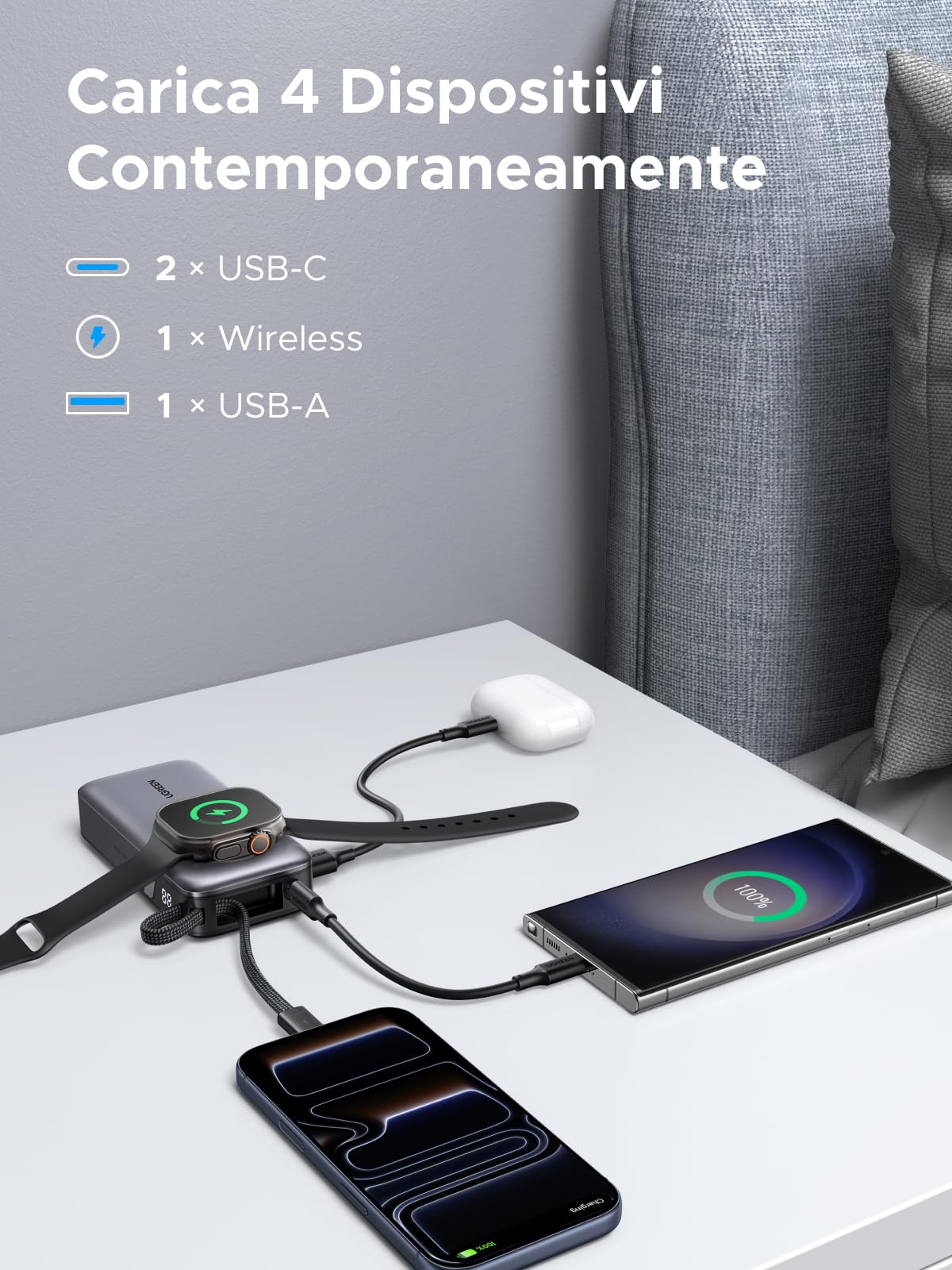 UGREEN Nexode 30W Power Bank 10000mAh Caricatore Portatile Ricarica Rapida | 4 IN 1, Cavo USB C Integrato, 2 Porte 1C1A, Ricarica Magnetica 5W per iWatch, Compatibile con iPhone 17 16 14 Galaxy S26 S25