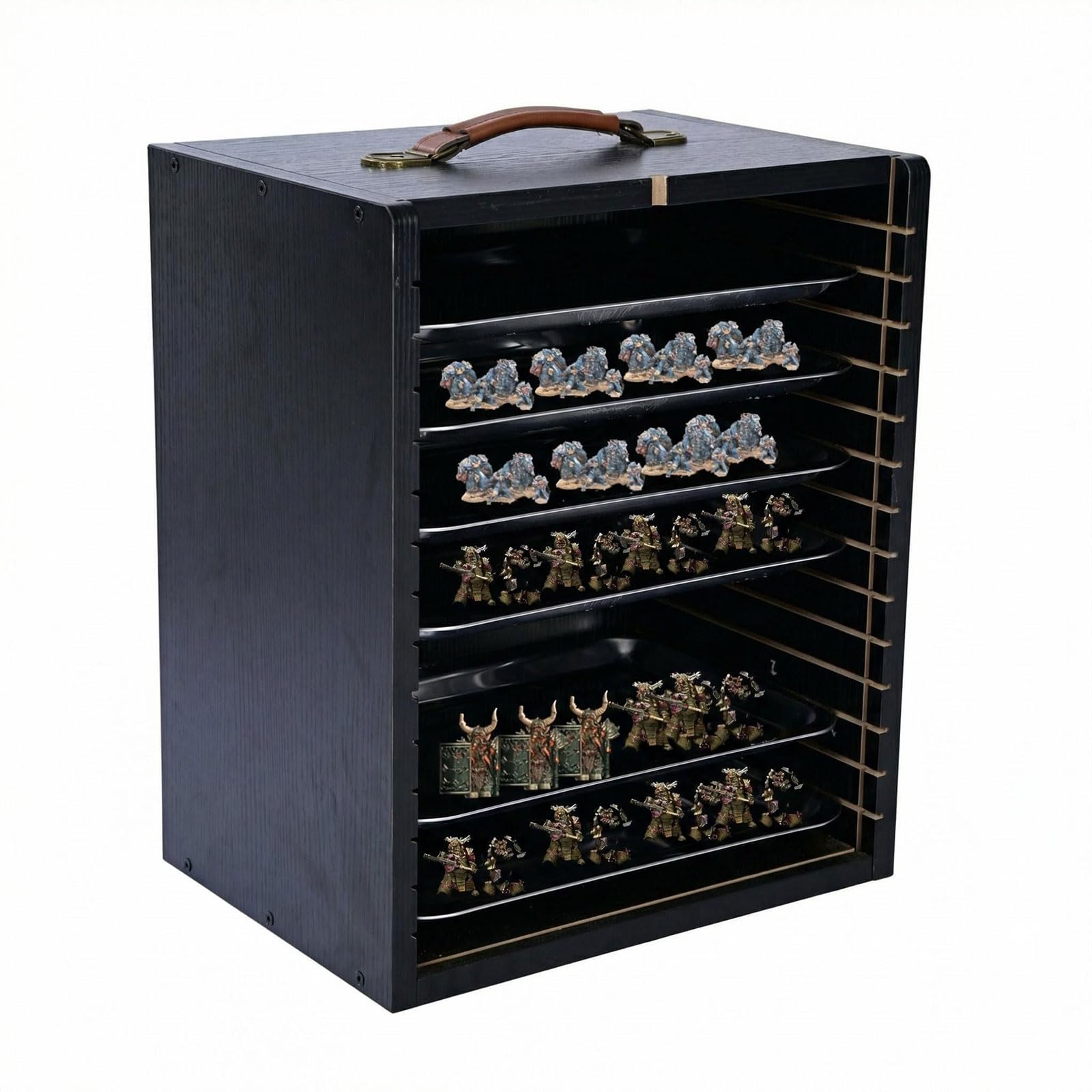 Miniatura valigetta in legno con vassoi per action figure