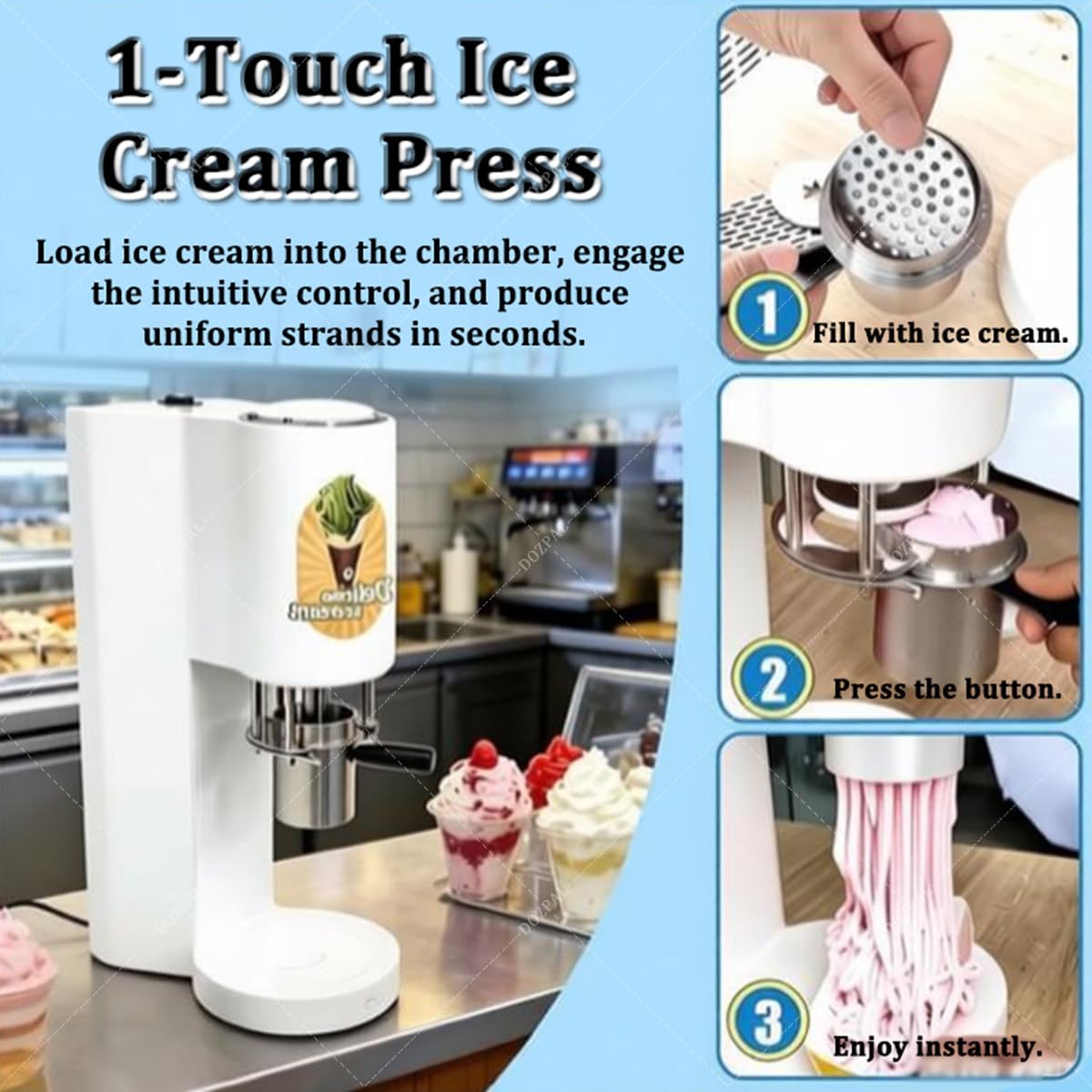Machine Professionnelle à Glace « Spaghetti » (Glace Italienne extrudée), Presse à Glace 80 W avec 4 moules, débit de 28–30 L/h pour Glaciers, cafés, Restaurants et Food Trucks White