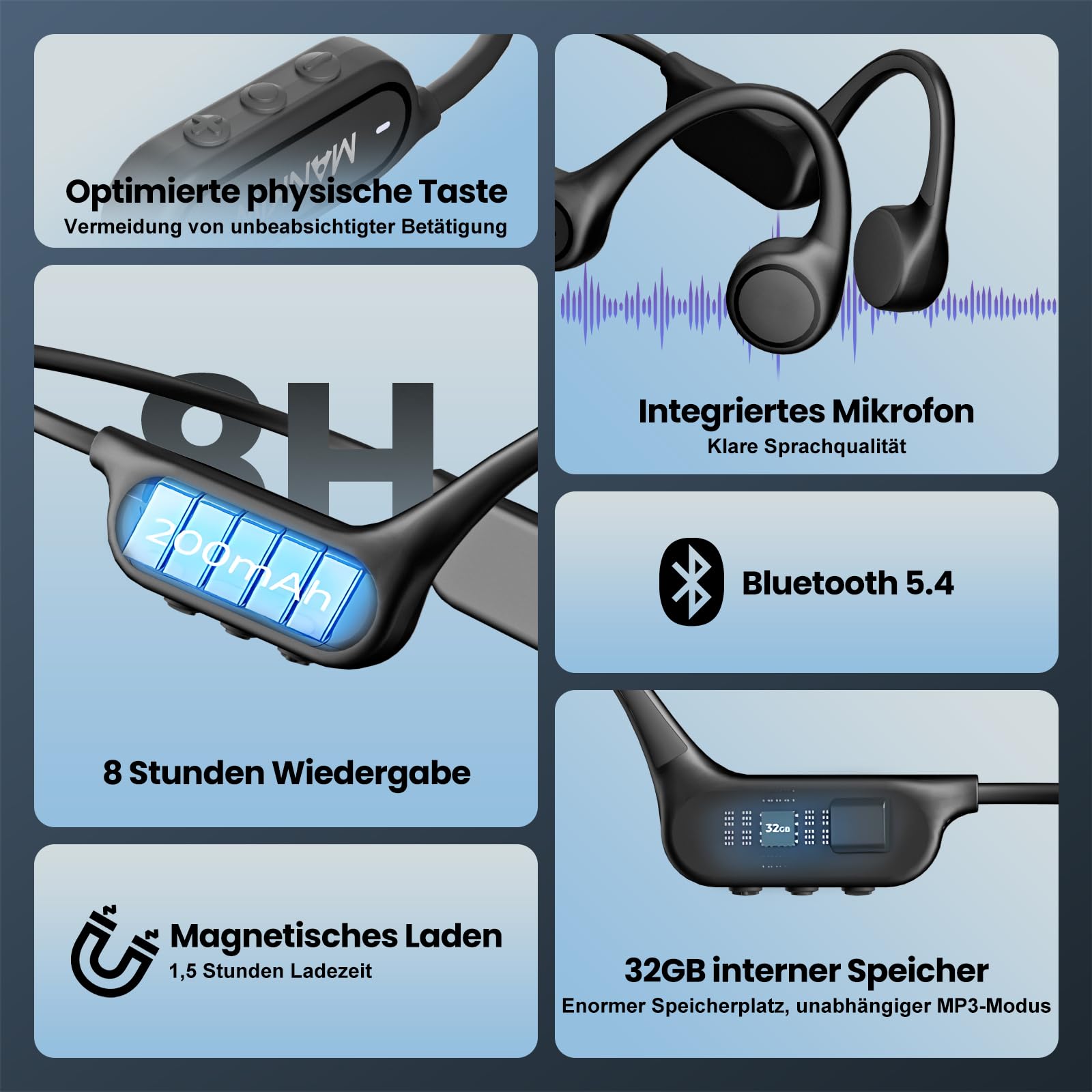 MANKIW Knochenschall Kopfhörer Schwimmen IP68, Unterwasser Sportkopfhören mit 32GB MP3 & Bluetooth 5.4, Open Ear Wasser Kopfhörer Schwimmen für Pool, Sport & Running
