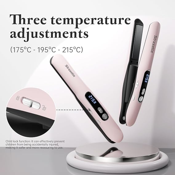 Mini Cordless Hair Straighteners, 2 in 1 Portable Flat Iron and Curler Adjustable Temp 175℃-215℃ Mini Straightener with LED Display,5000mAh Travel Straightener for Women Men (Pink)