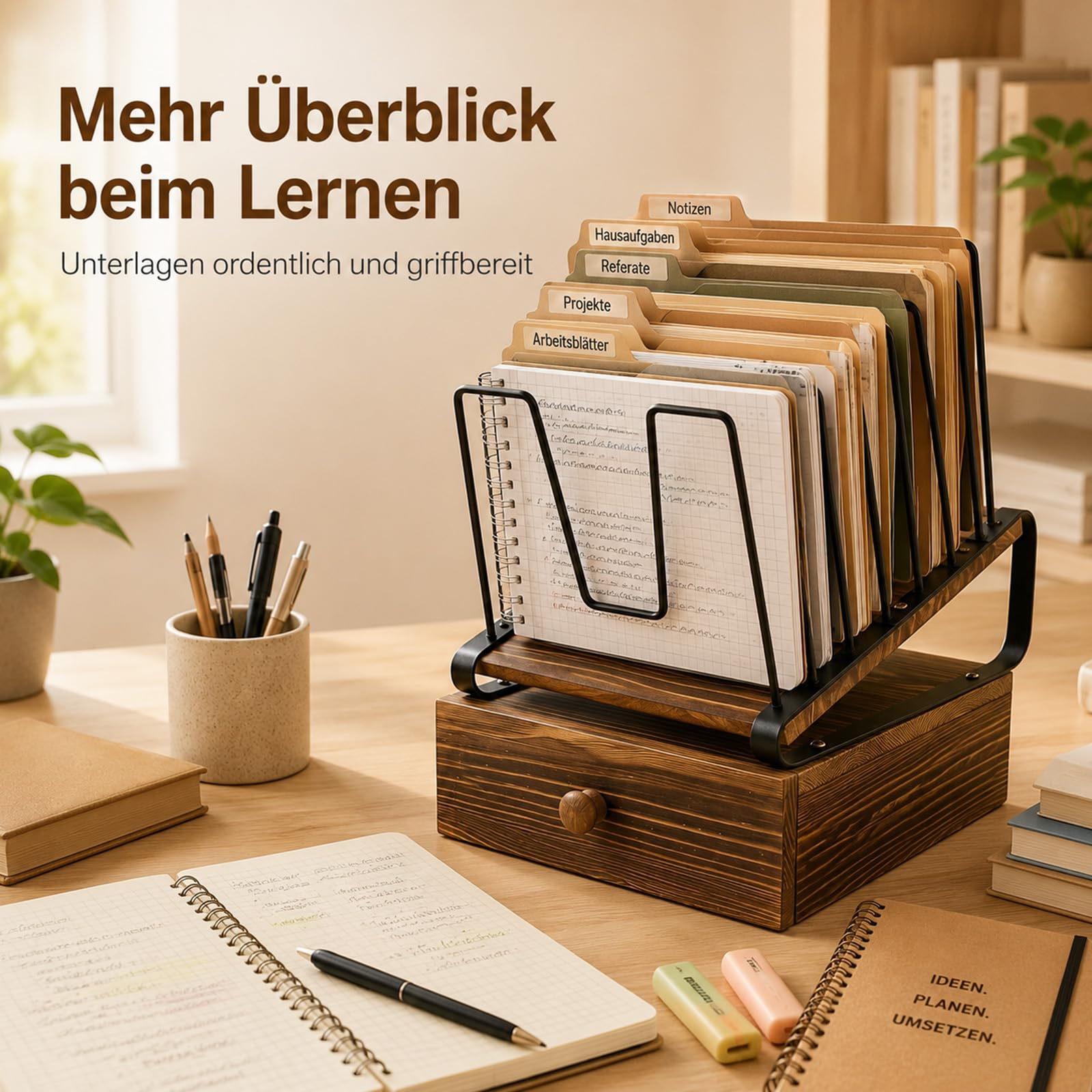 Büro Dokumentenablage Holz, Briefablage A4, Schreibtisch Organizer Holz | 5 Ebenen, Desk, Schublade, Stehsammler Papierablage für Home Office Regal, Schule und Aktenordnung