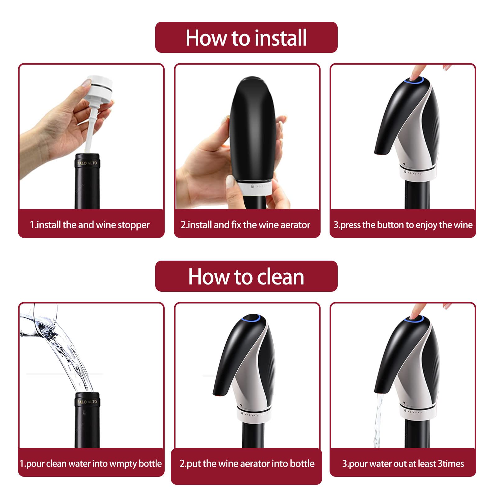 Carafe à Vin Électrique, Aérateur de Vin Automatique, Carafe Rechargeable Intelligente Pour Les Fêtes de Famille Avec 2 Bouchons de Vin, Noir