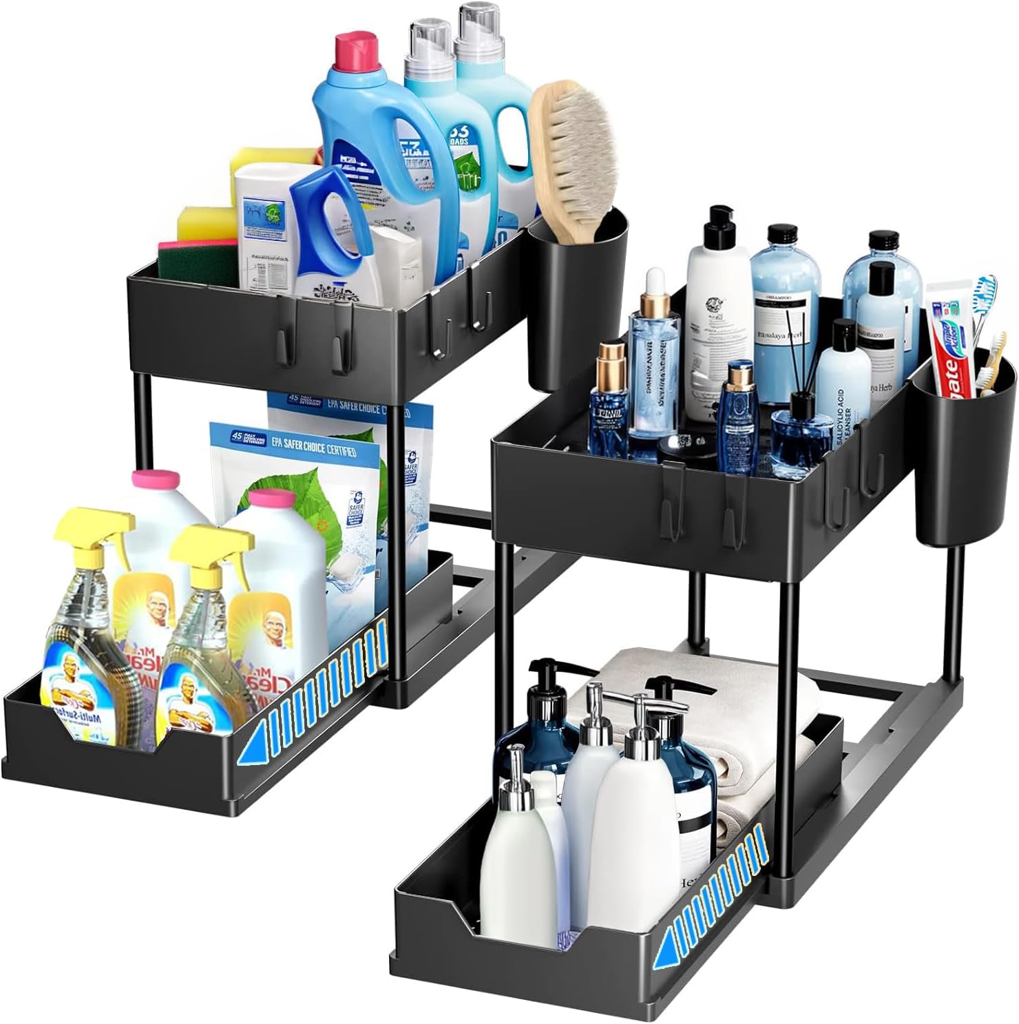 MocamoroUnder Sink Organizer, 2 Tier Sliding Cabinet Organizer Drawer, Multi-Use Under Sink Storage for Bathroom Kitchen Countertop Laundry, 2-Tier Organizers with Hooks and Hanging Cup (2, Black)
