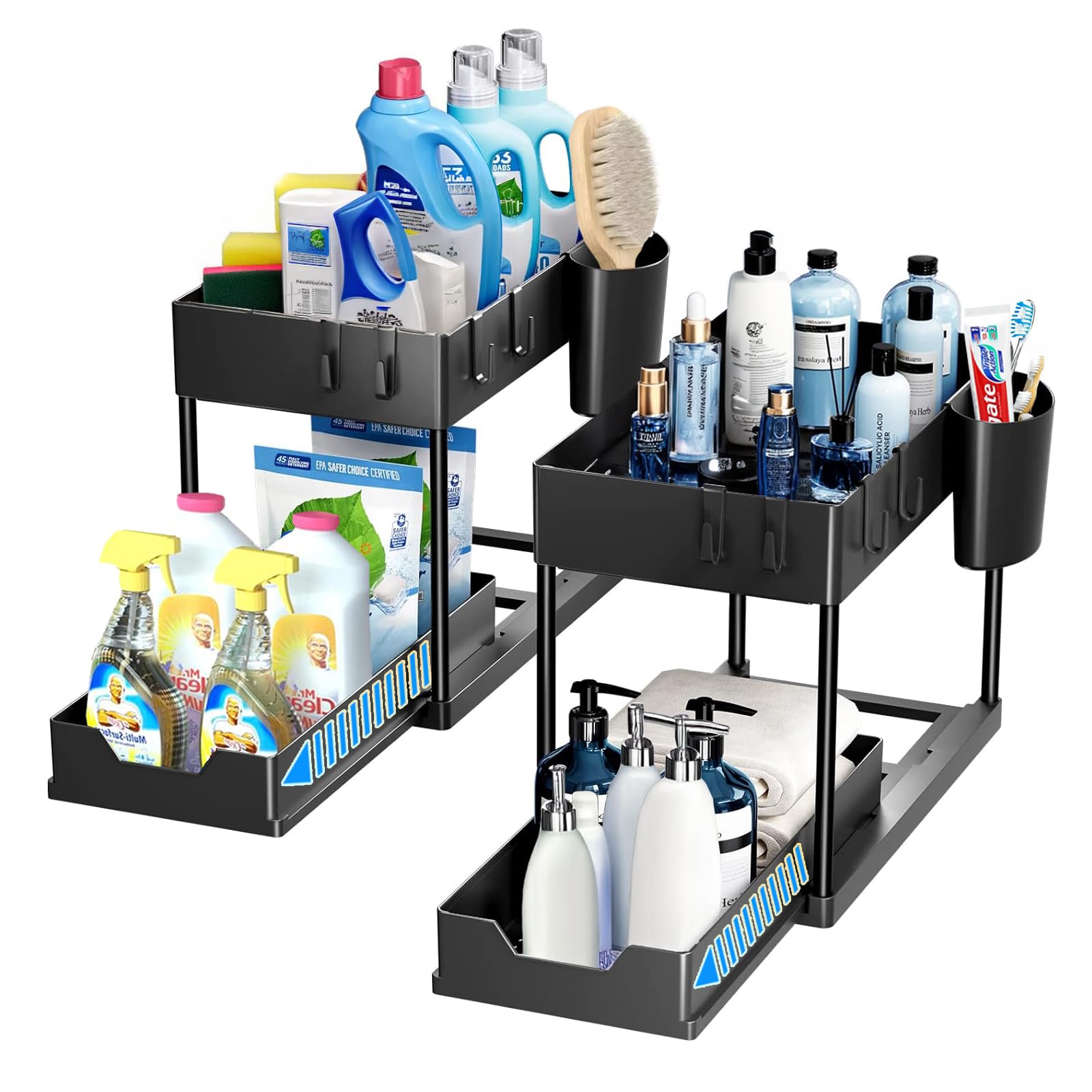 MocamoroUnder Sink Organizer, 2 Tier Sliding Cabinet Organizer Drawer, Multi-Use Under Sink Storage for Bathroom Kitchen Countertop Laundry, 2-Tier Organizers with Hooks and Hanging Cup (2, Black)