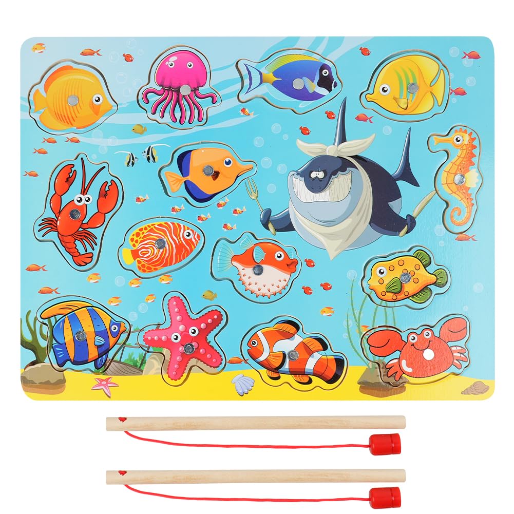 Vicloon Magnetico Giochi di Pesca per Bambini, Giochi Magnetici di Pesca in Legno, Giocattoli di Legno Gioco di Pesca, Giochi Montessori, Educativo Interattivi per Bambini Regalo 3 4 5 Anni(Oceano)