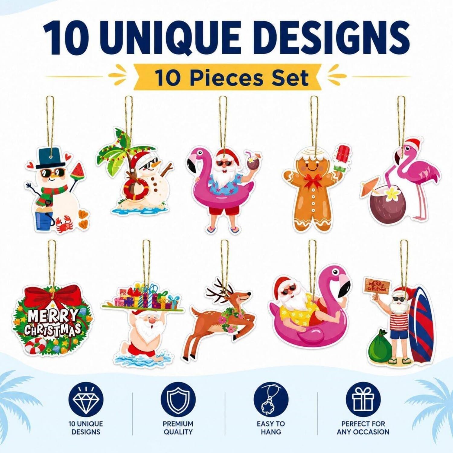 KYMY 10Pcs Summer Christmas Hanging Ornaments, Tropical Hawaiian Tree Decorations with Santa & Flamingo, July Xmas Luau Beach Pool Party Supplies for Holiday & Birthday
