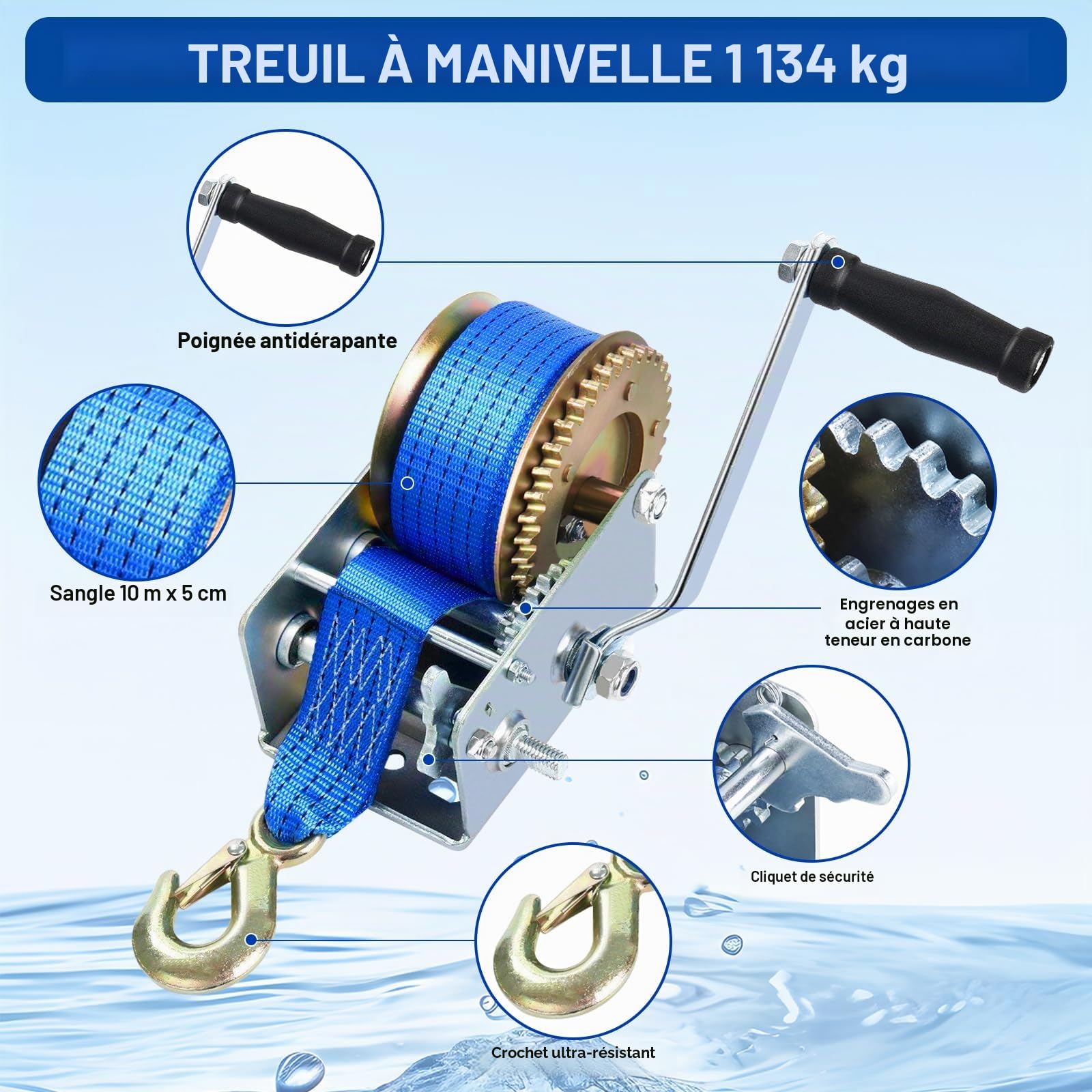 FreeTec Treuil Manuel avec Bleu Polyester Cordon à Bergung Treuil Bateau Treuil (10m 2500lbs)