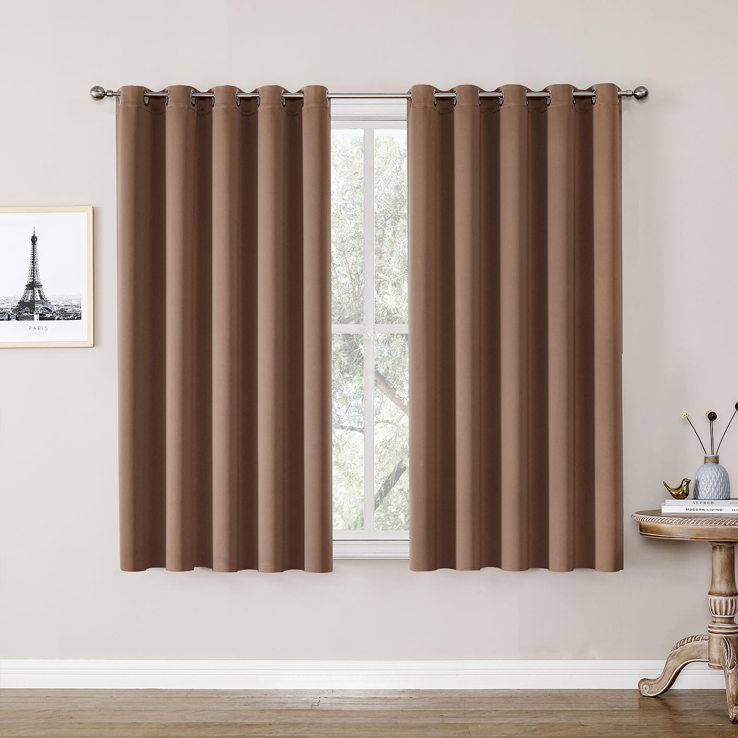 ChrisDowa Room Darkening Curtains for Bedroom and Living Room 70 Inch Wide | 2 Panels Set, Extra Wide, Thermal Insulated, Noise Reducing, Grommet, Blackout Drapes for Window, Cappuccino, 70 x 63 Inch
