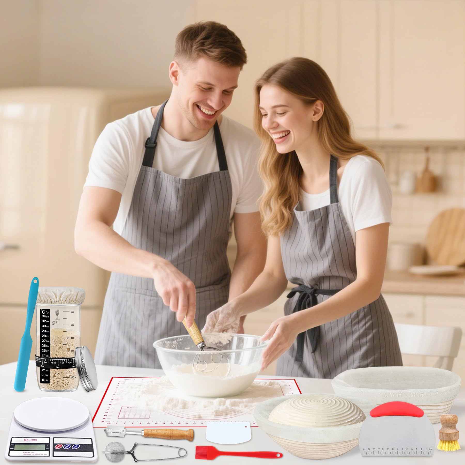 Aliggbent Banneton – Lot de 38 fournitures de cuisson au levain, paniers ronds et ovales de 25,4 cm avec kit de pot à levain de 680,4 g, balance numérique, sacs et kit