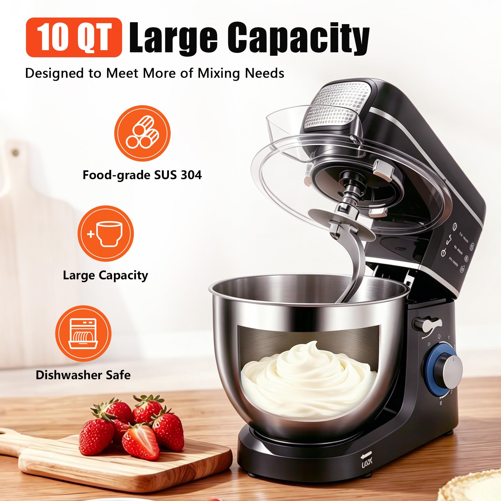 5 en 1 Robot de Cocina – 1400W – con Picadora de Carne, 1,5L Batidora de Vaso, Accesorios – Batidora Amasadora con Bol 10L, Batidor, Gancho Amasador, Gancho para Mezclar Black