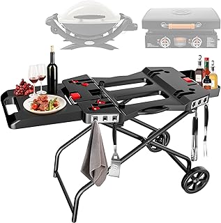 Denmay Chariot de barbecue portable avec roue pour Weber Q1200, Q1000, Q2200, Q2000, pour plaques de barbecue Blackstone 43 cm 56 cm, pliable, support de barbecue pour l'extérieur