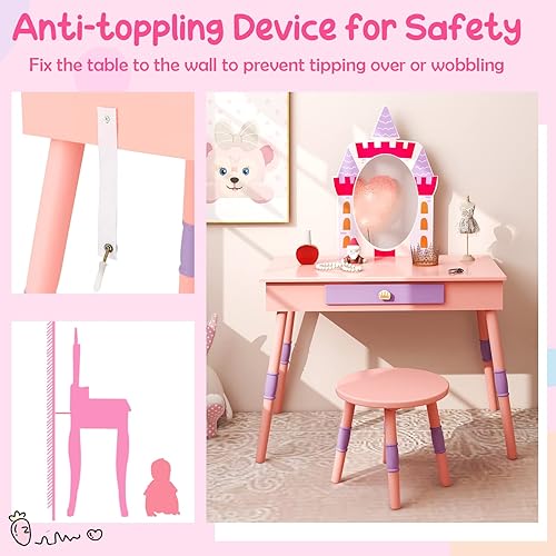 Miniatura 6 de Costzon Juego de tocador para niños, juego de tocador para niñas con espejo y taburete, tocador de maquillaje de princesa con cajón, tabla de